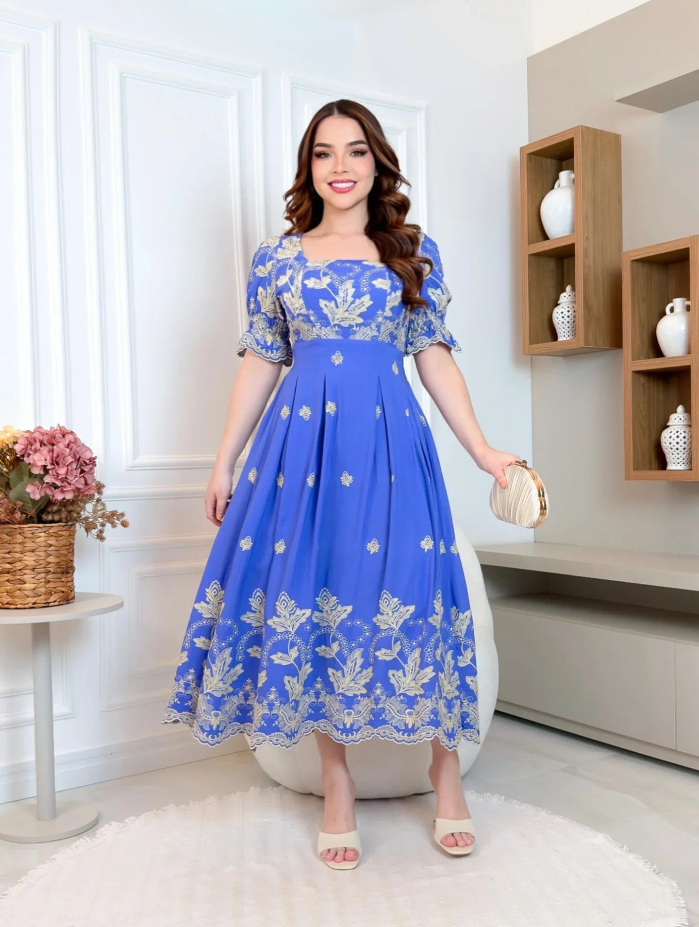 Vestido Maxi Midi de Lese Bordado