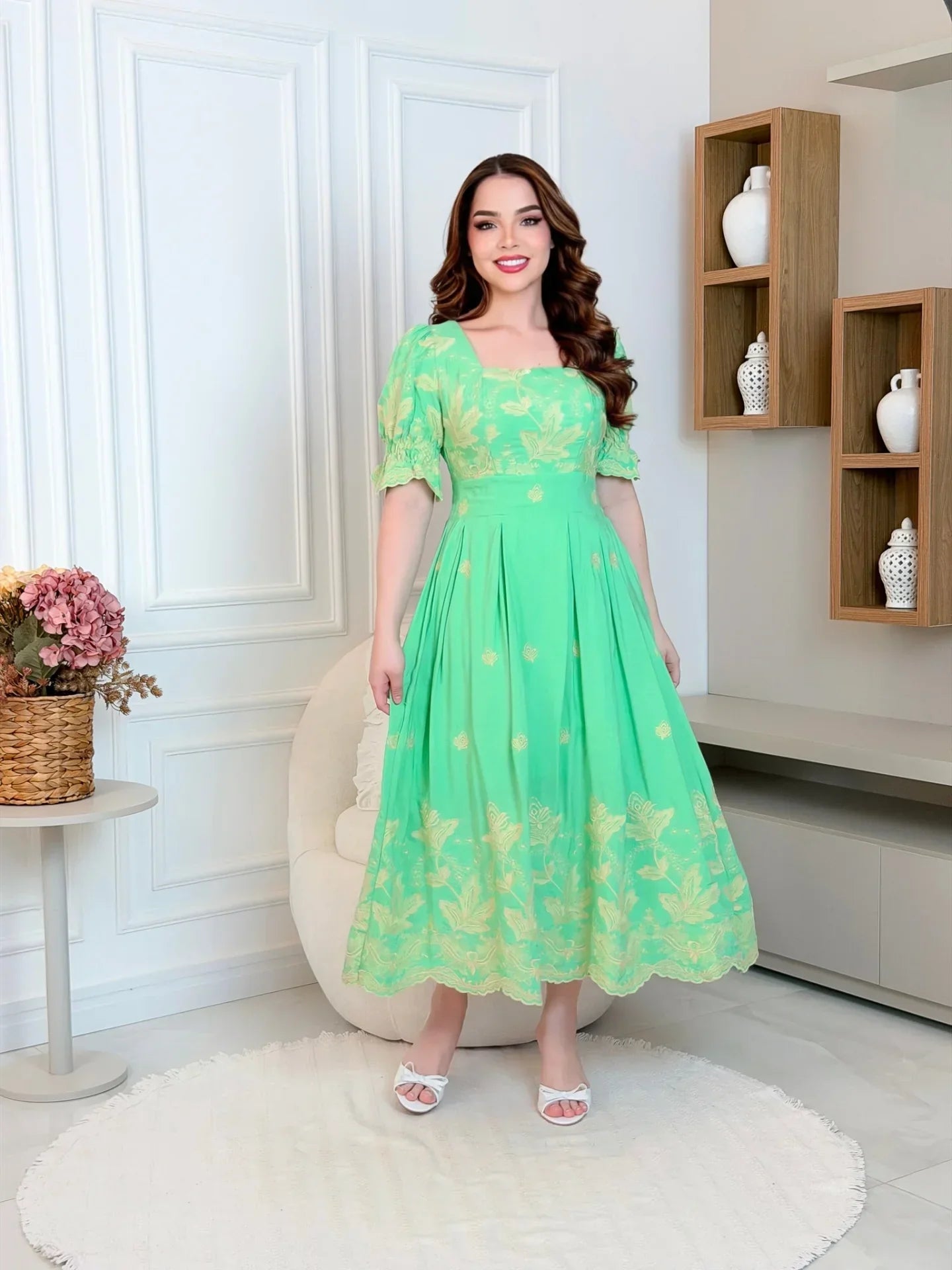 Vestido Maxi Midi de Lese Bordado