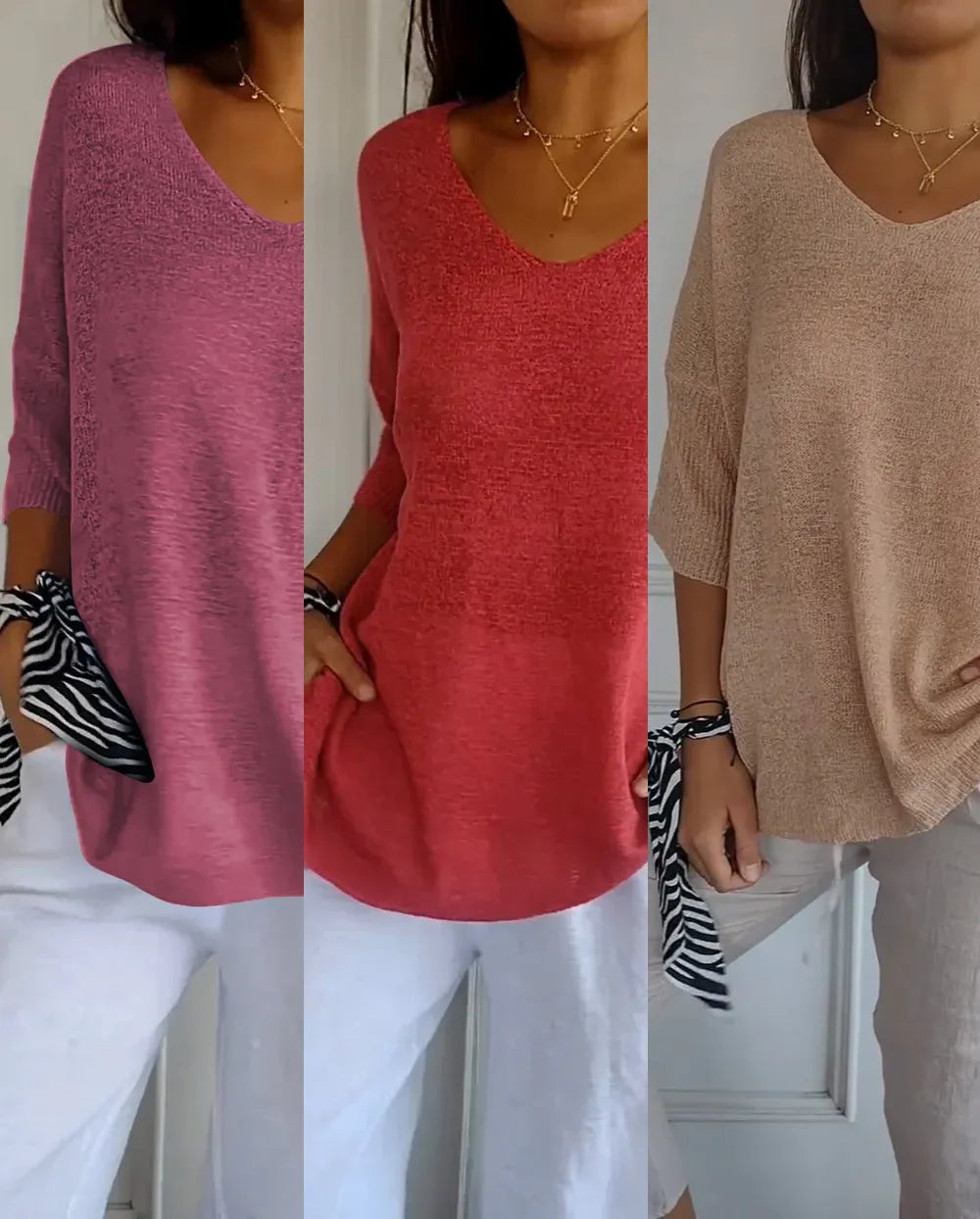 Kit 3 Blusas Luna® em Malha Leve – Decote V