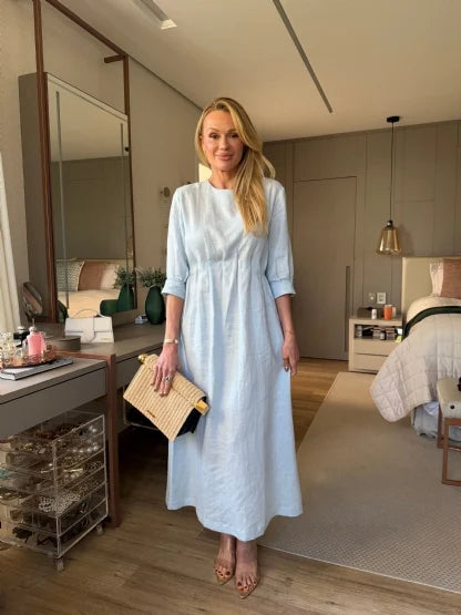 VESTIDO 100% LINHO COM ELÁSTICO NA CINTURA