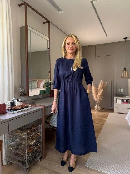 VESTIDO 100% LINHO COM ELÁSTICO NA CINTURA