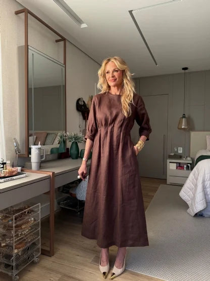 VESTIDO 100% LINHO COM ELÁSTICO NA CINTURA