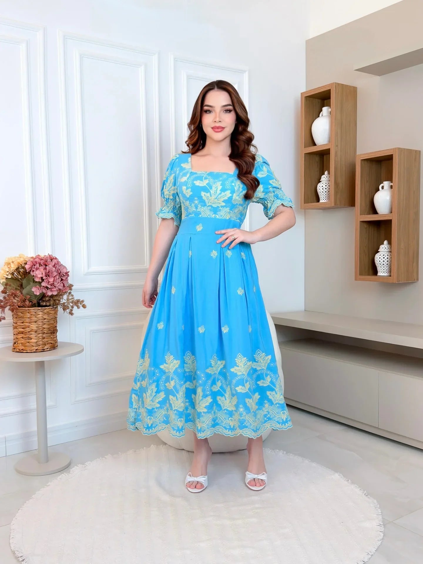 Vestido Maxi Midi de Lese Bordado