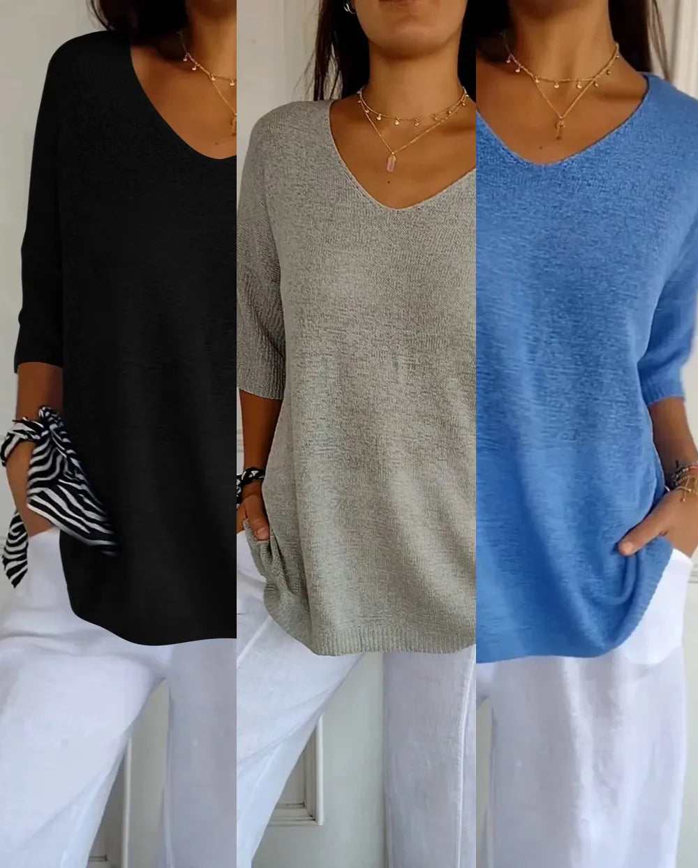 Kit 3 Blusas Luna® em Malha Leve – Decote V
