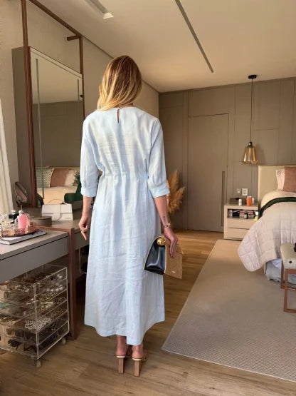 VESTIDO 100% LINHO COM ELÁSTICO NA CINTURA