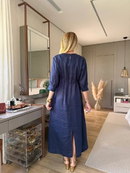 VESTIDO 100% LINHO COM ELÁSTICO NA CINTURA