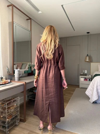 VESTIDO 100% LINHO COM ELÁSTICO NA CINTURA