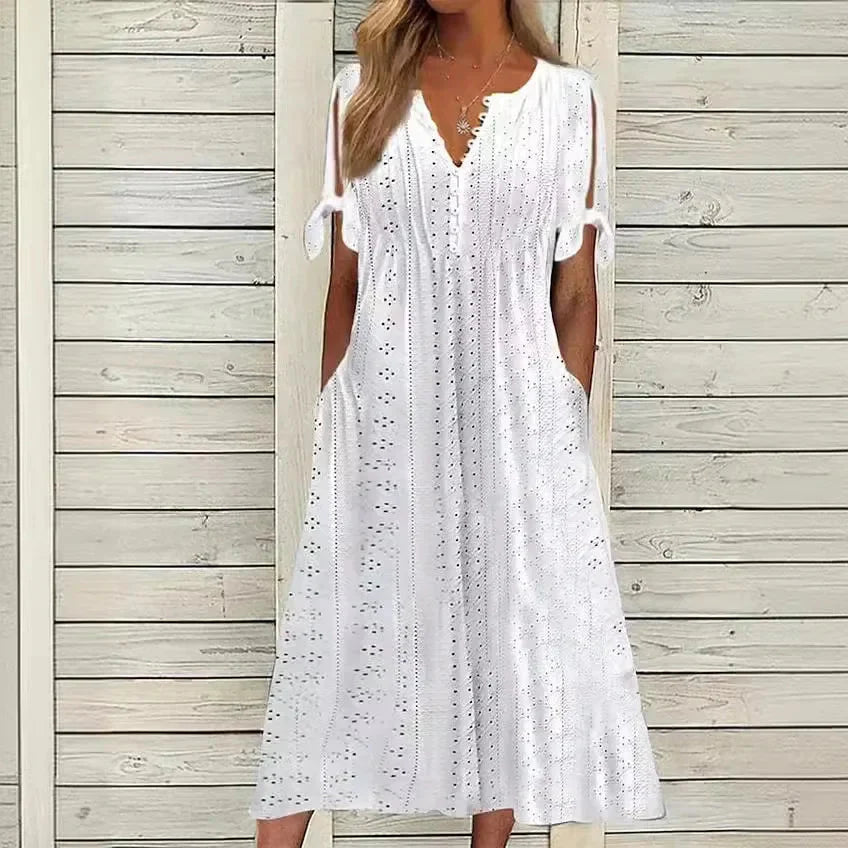 Vestido de Renda Jana - Gola em V de Manga Curta (Verão 2026)